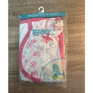 Vintage Terry‎ Products Baby Gift Set Towel Washcloth Drool Bib PInk White Cats